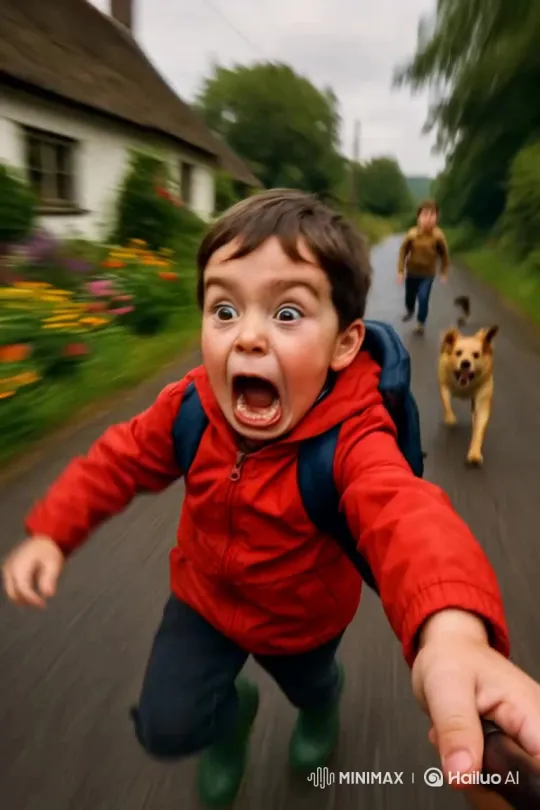 Boy Walking Street with Friendly Dog Encounter – AI Generated Video | Hailuo AI