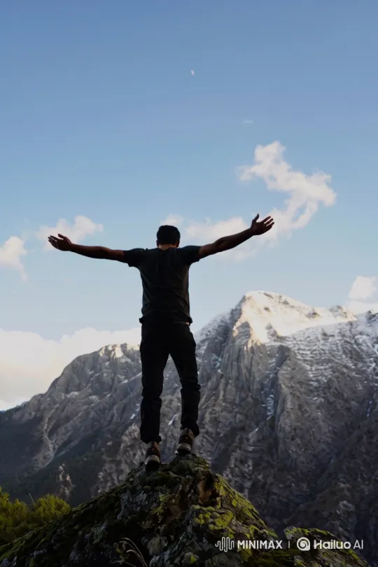 Man on Mountain Peak to Earth from Space Panorama – AI Generated Video | Hailuo AI
