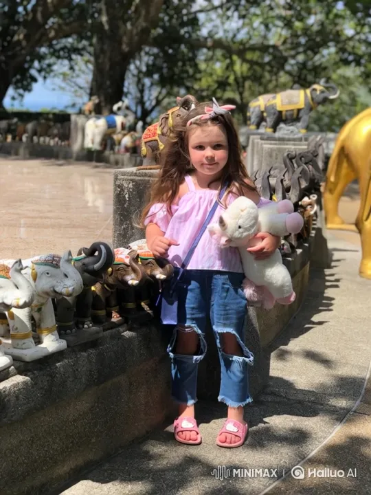 Young Girl with Stuffed Animal Amidst Elephant Statues – AI Generated Video | Hailuo AI
