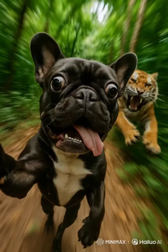 French Bulldog Vlogger Flees Tiger in Comedic Jungle Chase – AI Generated Video | Hailuo AI