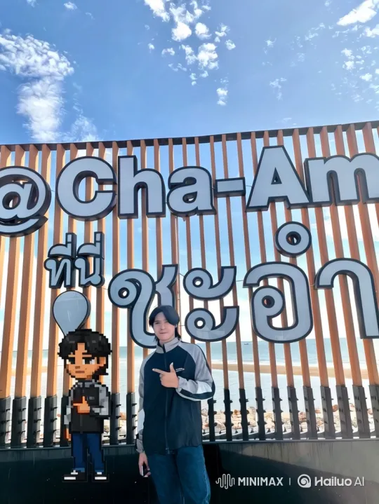 Young Man and Pixel Figure on Cha-Am Beach – AI Generated Video | Hailuo AI