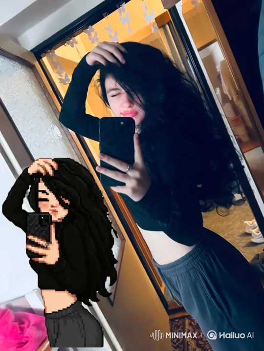 Young Woman and Her Pixel Art Selfie: A 180-Degree Orbit – AI Generated Video | Hailuo AI