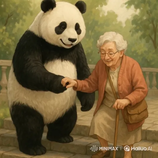 Panda Helps Elderly Woman Cross Street, Shares Tender Moment – AI Generated Video | Hailuo AI