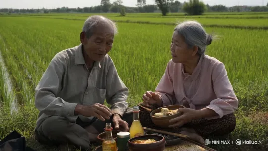 Elderly Farmer Couple Enjoy Intimate Lunch by Paddy Field – AI Generated Video | Hailuo AI