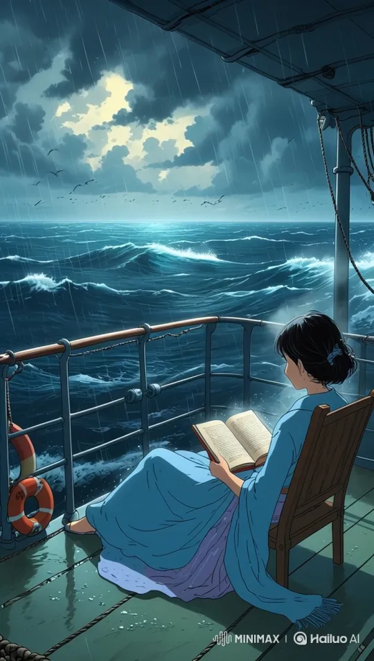 Woman Reads Peacefully on Rocking Boat Amid Storm – AI Generated Video | Hailuo AI