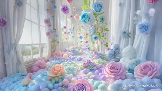 Dreamlike Hallway with Floating Pastel Roses – AI Generated Video | Hailuo AI