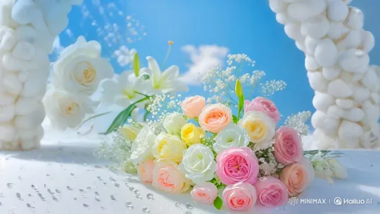 Serene Floral Display in Dreamy Blue Sky Setting – AI Generated Video | Hailuo AI