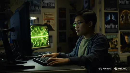 Asian American Developer's Breakthrough in Matrix-Themed Room – AI Generated Video | Hailuo AI
