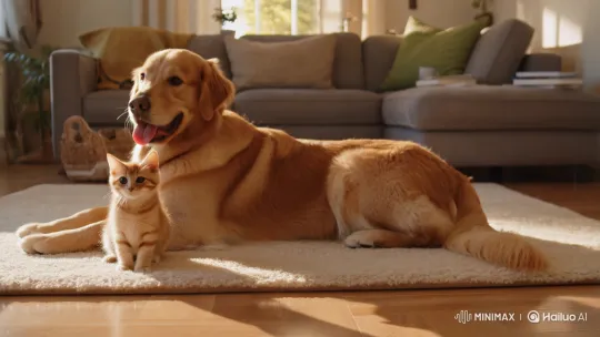 Ginger Kitten Playfully Interacts with Gentle Golden Retriever – AI Generated Video | Hailuo AI
