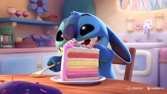 Stitch Enjoys a Vibrant Cake in a Cozy Kitchen – AI Generated Video | Hailuo AI