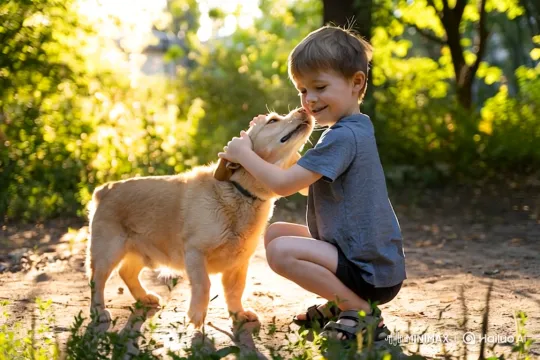 Boy Lifts Dog with Joy in Sunlit Golden Moment – AI Generated Video | Hailuo AI