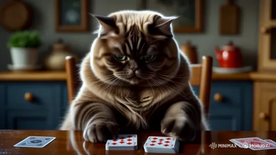 Fat Cat Seriously Attempts to Shuffle Cards – AI Generated Video | Hailuo AI