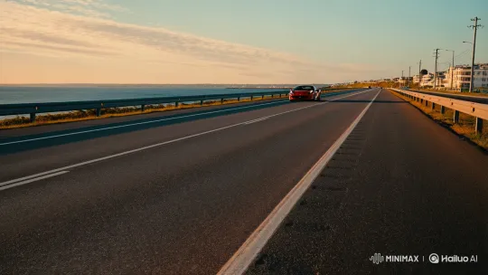 Red Ferrari Speeds Away on Coastal Sunset Road – AI Generated Video | Hailuo AI