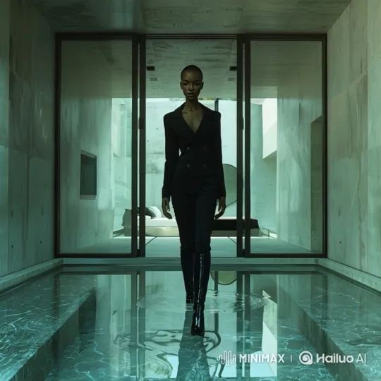Fashion Forward: Chic Woman in Water-Filled Hallway – AI Generated Video | Hailuo AI