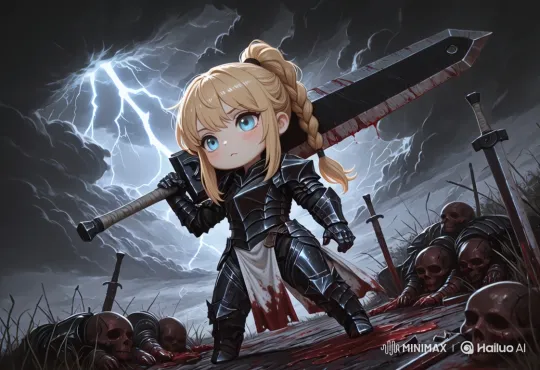 Chibi Warrior Advances on Stormy, Grim Battlefield – AI Generated Video | Hailuo AI