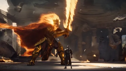 Golden Lion Warrior Attacks Knight in Collapsing Temple – AI Generated Video | Hailuo AI