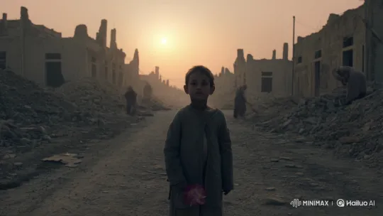 Child with Flower Symbolizes Hope in Gaza's Ruins – AI Generated Video | Hailuo AI