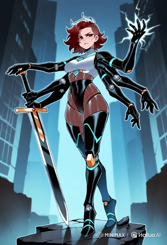 Cyborg Warrior: Epic Sword Swing in Futuristic Cityscape – AI Generated Video | Hailuo AI