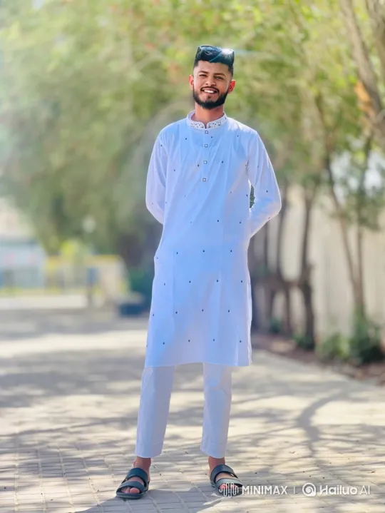 Young Man in White Attire on Sunlit Walkway – AI Generated Video | Hailuo AI