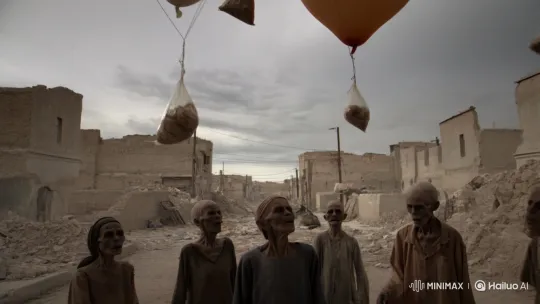 Palestinian Civilians Receive Sky-Dropped Food Aid – AI Generated Video | Hailuo AI