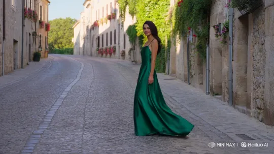 Elegant Woman Strolls Down Historic Cobblestone Road – AI Generated Video | Hailuo AI