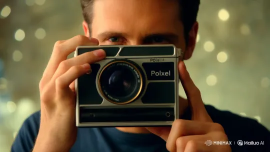 Vintage Polaroid Camera Reveals 'Pixel Pro' in Neon Glitch – AI Generated Video | Hailuo AI