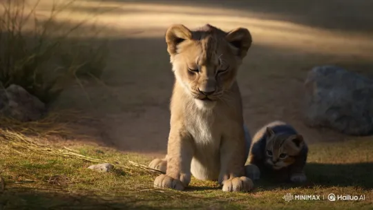 Baby Lion and Kitten Play, Gentle Tumble, Heartwarming Help – AI Generated Video | Hailuo AI