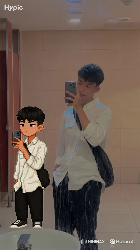 Young Man Takes Mirror Selfie with Animated Avatar – AI Generated Video | Hailuo AI