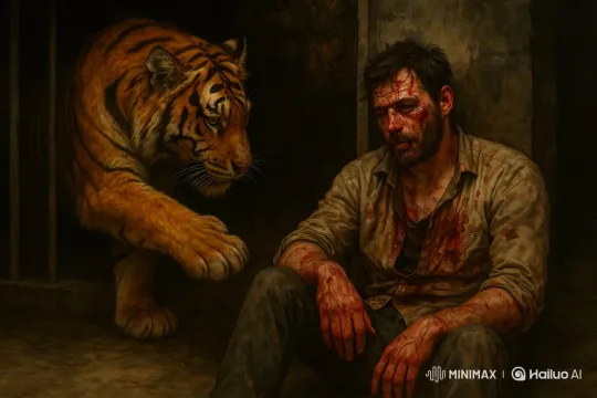 Man Rescued by Guardian Tiger in Dark Space – AI Generated Video | Hailuo AI