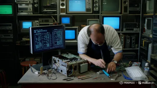 Vintage TV Repair in Detailed Electronics Shop – AI Generated Video | Hailuo AI