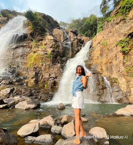 Woman Welcomes Viewers at Waterfall, Earth Revealed in Space – AI Generated Video | Hailuo AI