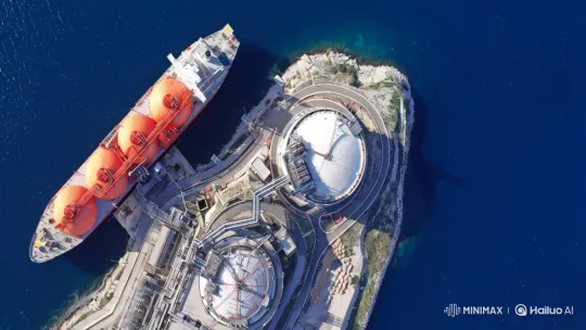 Morning Pan of Massive LNG Tanker at Coastal Terminal – AI Generated Video | Hailuo AI