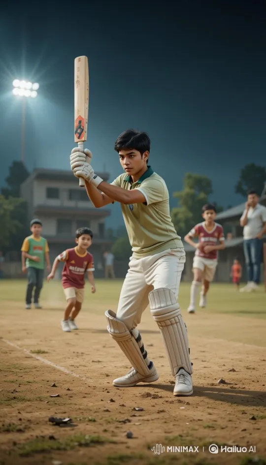 Young Cricketer's Concentrated Swing at Dusk – AI Generated Video | Hailuo AI