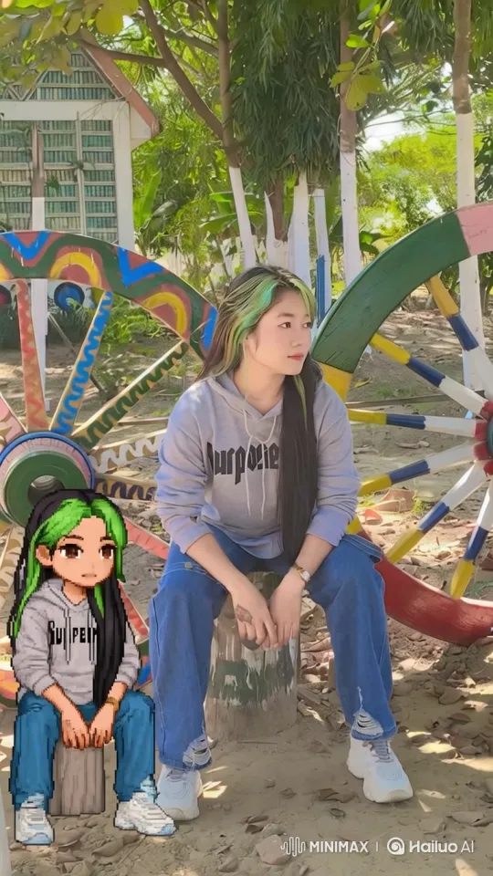 Young Woman and Pixel Doppelgänger in Park – AI Generated Video | Hailuo AI