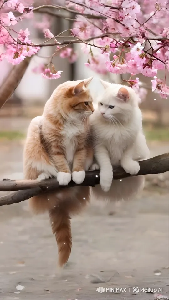 Cats Enjoy Intimate Moment Under Cherry Blossoms – AI Generated Video | Hailuo AI