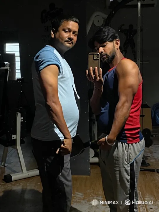 Men Take Mirror Selfie in Dimly Lit Gym – AI Generated Video | Hailuo AI