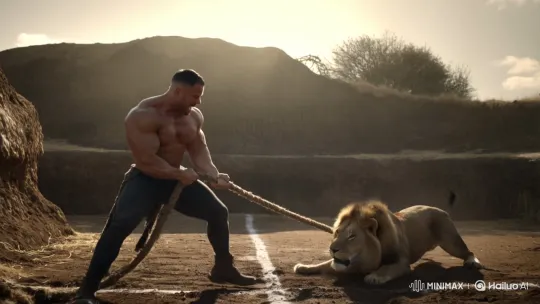 World's Strongest Man vs. 500-Pound Lion in Dramatic Tug-of-War – AI Generated Video | Hailuo AI