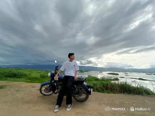 Man on Motorcycle Reflects on Expansive Landscape to Space – AI Generated Video | Hailuo AI