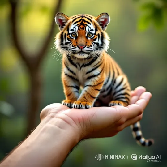 Tiny Tiger Cub Rests in Hand, Shows Curiosity – AI Generated Video | Hailuo AI