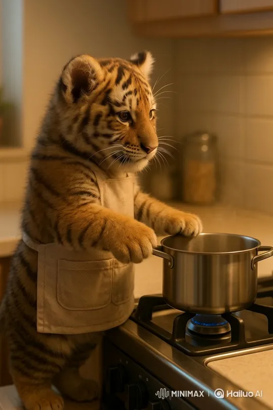 Baby Tiger Cooks with Careful Concentration – AI Generated Video | Hailuo AI