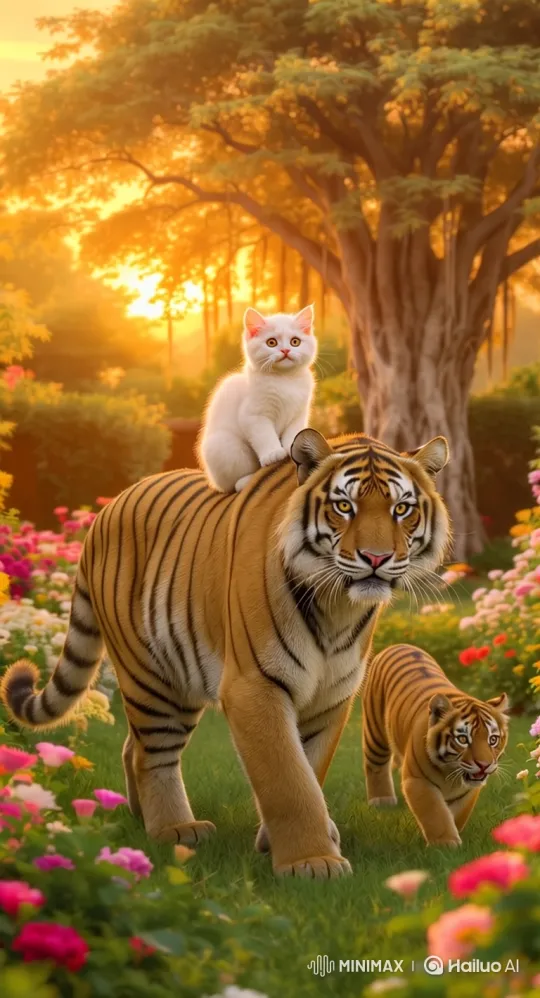 Peaceful Park: Playful Tigers and Contented Cats – AI Generated Video | Hailuo AI