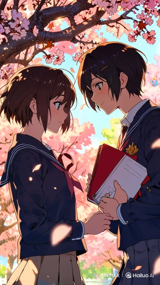 Young Students Share Intimate Moment Under Blossoming Tree – AI Generated Video | Hailuo AI