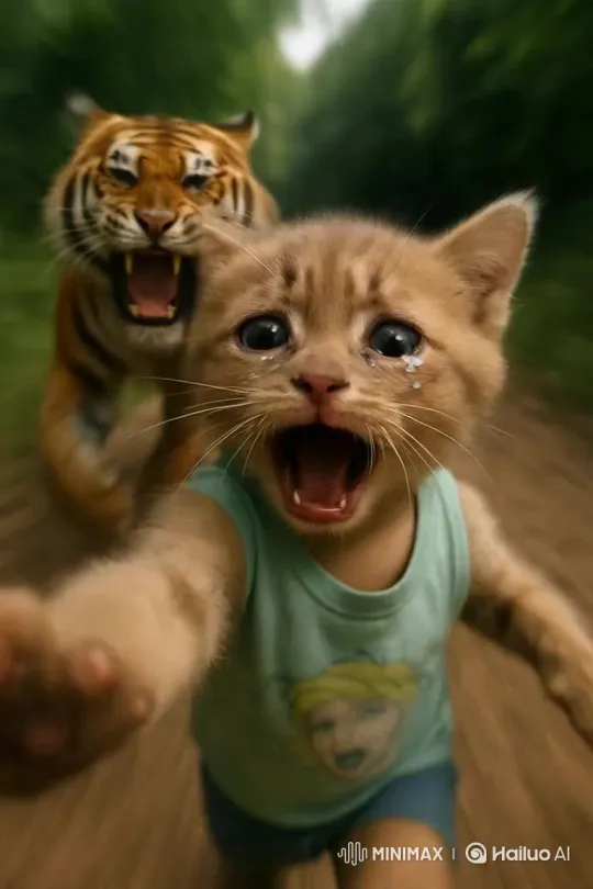 Kitten Panics, Selfie While Evading Tiger – AI Generated Video | Hailuo AI