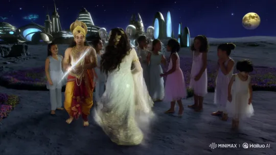 Krishna and Radha Inspire Dance in Futuristic Lunar Utopia – AI Generated Video | Hailuo AI