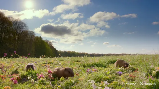 Vibrant Field: Groundhogs, Flowers, and Birds Under Blue Sky – AI Generated Video | Hailuo AI
