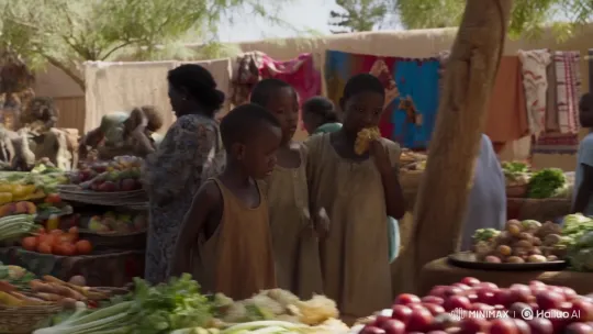 African Mother and Son Steal Food, Flee Through Crowded Market – AI Generated Video | Hailuo AI