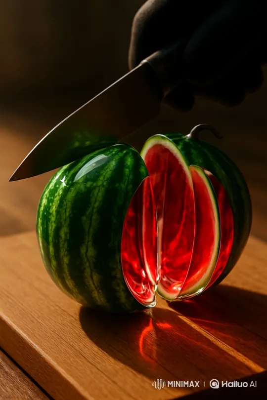 Artful Slicing of a Glossy Watermelon – AI Generated Video | Hailuo AI