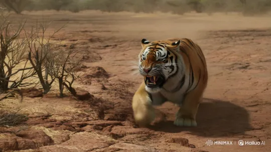 Angry Tiger Desperately Searches for Water in Arid Landscape – AI Generated Video | Hailuo AI