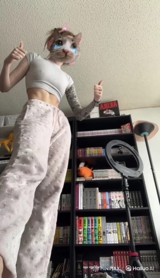 Confident Individual Lifts Shirt in Humorous Cat Filter Video – AI Generated Video | Hailuo AI