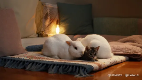 Peaceful Coexistence: Rabbit and Kitten Slumber – AI Generated Video | Hailuo AI